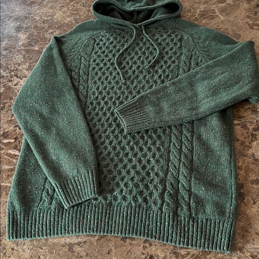 Aran Woolen Mills Green Speckled Cable Knit Lambswool Hooded Pullover Sweater M - Picture 2 of 11